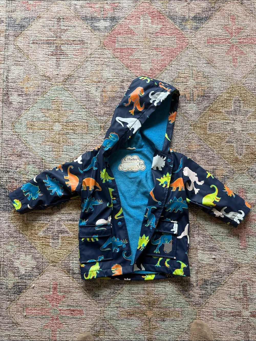 Kids Navy Dino Rain Jacket with Hood